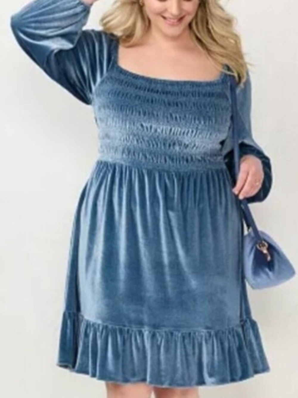LC Lauren Conrad NWT Boho Party Dusty Blue Velvet Smocked Long Sleeve Mini Dress